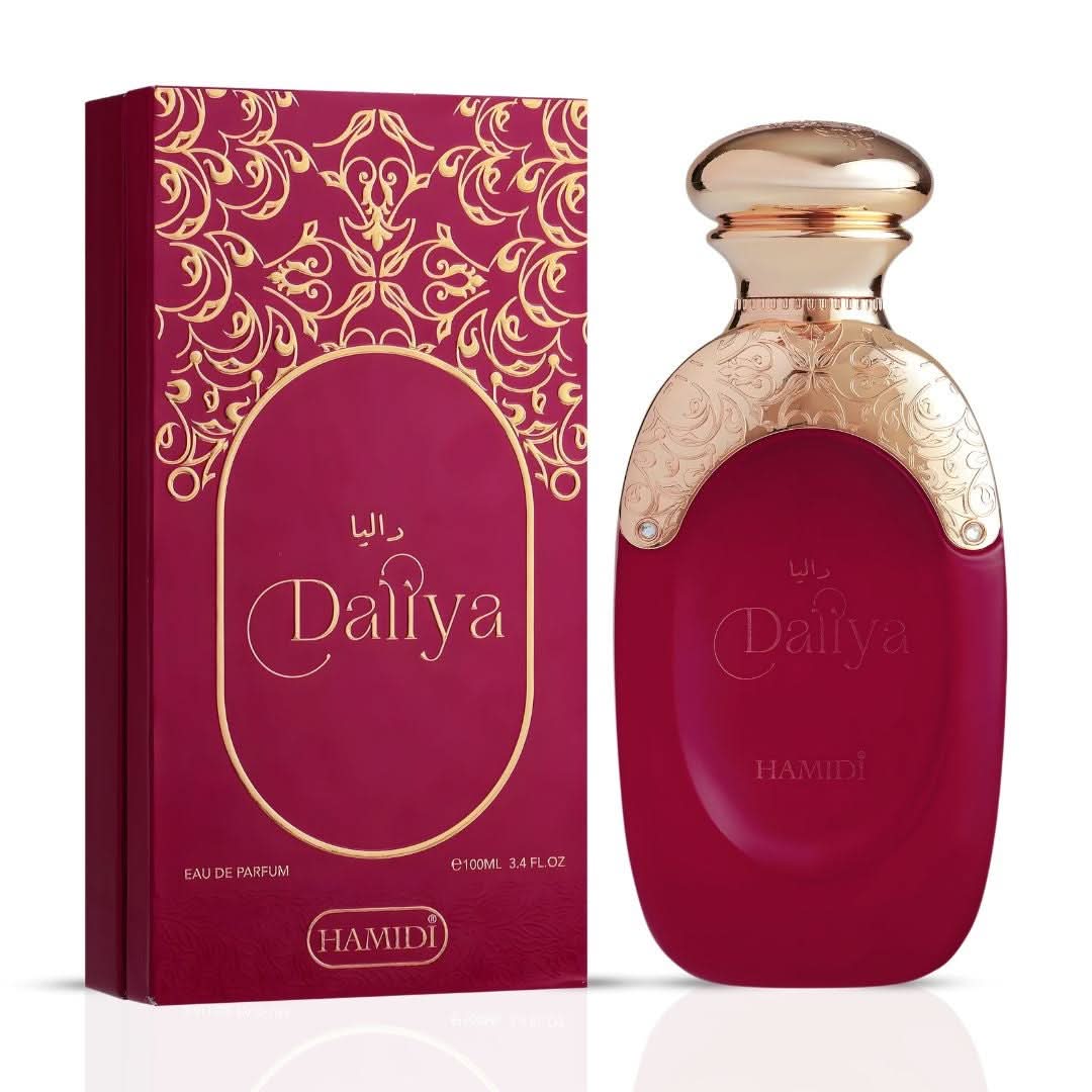 Hamidi Daliya Eau de Parfum spray 100ml bottle with elegant design and floral accents, showcasing the perfume's luxurious packaging.