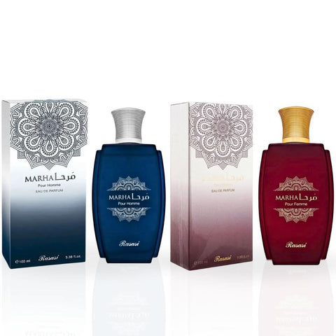 Rasasi Marha Pour Homme and Femme Eau de Parfum sprays in 100ml bundle, featuring sleek bottles with elegant design.
