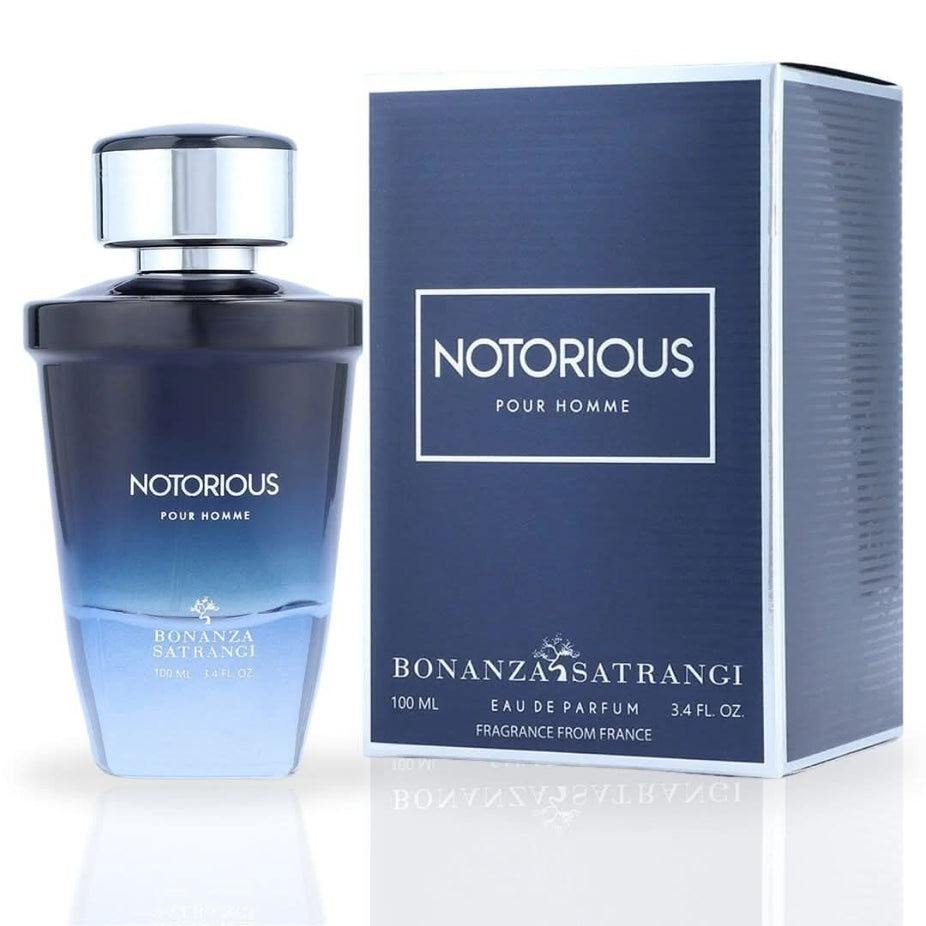 Bonanza Satrangi Notorious Pour Homme EDP spray 100ml bottle with sleek packaging and black accents.