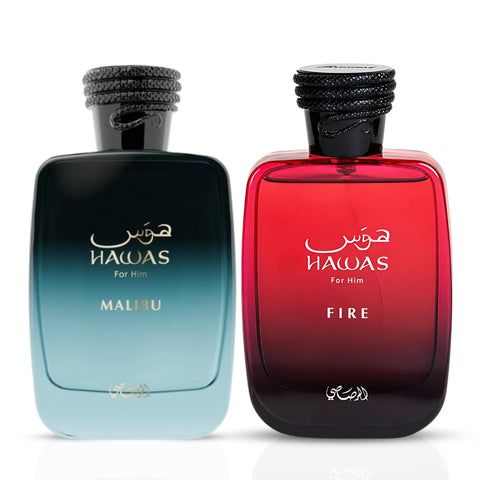 Rasasi Hawas Malibu and Hawas Fire for Him Eau de Parfum spray bundle, 100ml bottles, featuring sleek glass packaging.