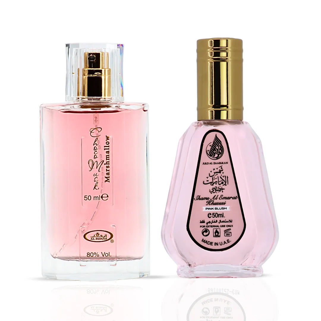 Choco Musk Marshmallow Eau De Parfum Spray 50ml (1.65 oz) by Al Rehab & Pink Blush Shams Al Emarat Khususi Eau de Parfum Spray 50ml (1.7 oz) by Ard Al Zaafaran (Bundle)