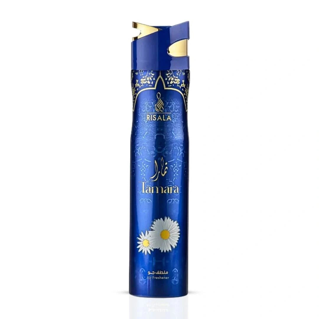 Tamara Air Freshener by RISALA, 300ml bottle, with floral design and spray nozzle, freshening a room with a subtle scent.