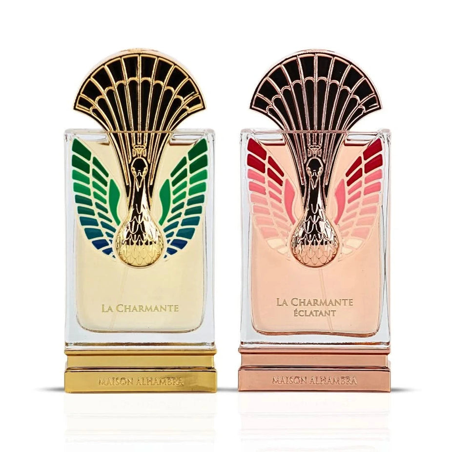 Maison Alhambra La Charmante and Éclatant Eau de Parfum spray bundle, 100ml, featuring elegant bottles and sophisticated fragrance designs