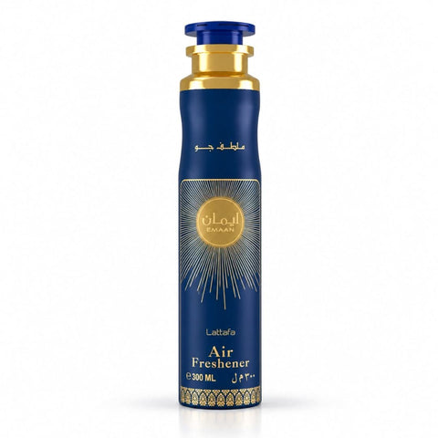 Lattafa Emaan Air Freshener 300ml bottle with a sleek design, showcasing the fragrance container on a clean background.