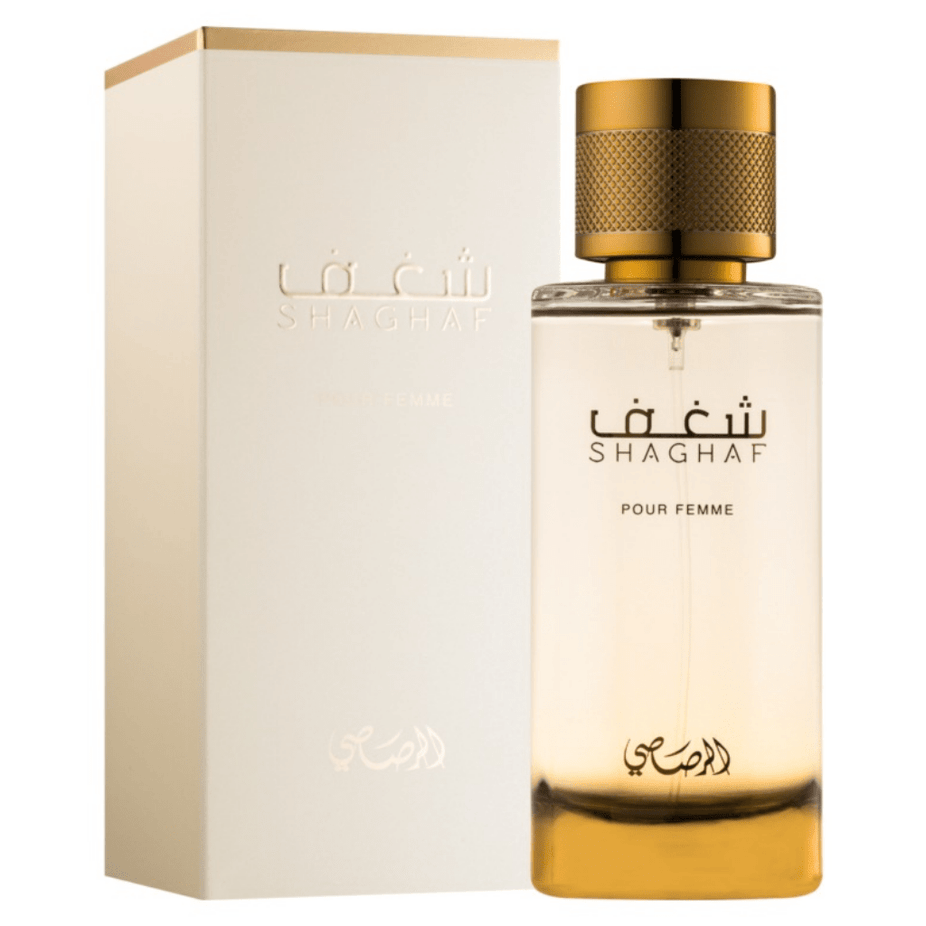 Rasasi Nafaeis Al Shaghaf women’s 100ml Eau De Parfum bottle with elegant floral design and gold accents.