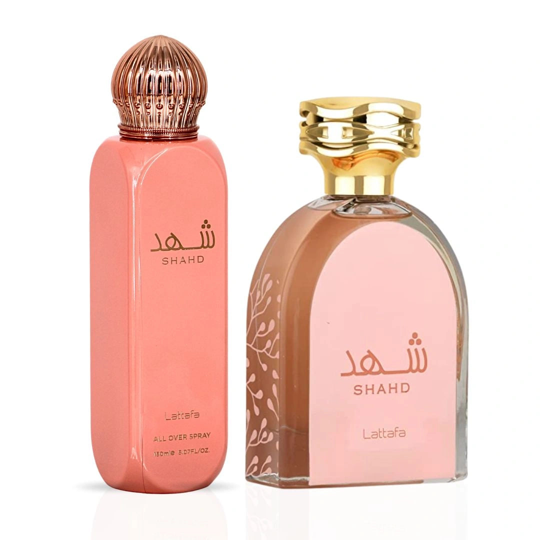 Shahd Eau de Parfum Spray 100ml (3.4 oz) & All Over Spray 150ml (5.07 oz) by Lattafa | Warm, Sweet, Unforgettable (Bundle) - Intense Oud
