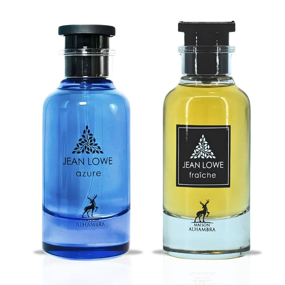 Maison Alhambra Jean Lowe Azure and Fraiche Eau de Parfum bundle, 100ml spray bottles with sleek packaging, stylish design.