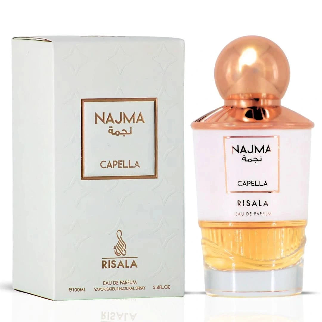 Najma Capella Eau de Parfum Spray by RISALA, 100ml bottle with elegant floral and woody fragrance design.