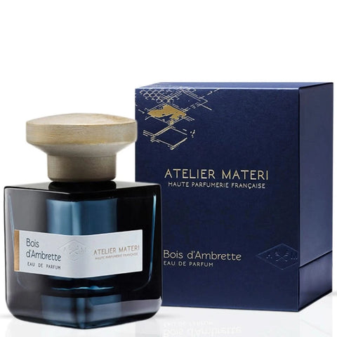 Bois d'Ambrette Eau de Parfum spray by Atelier Materi, 100ml bottle, with elegant packaging and a luxurious fragrance presentation.