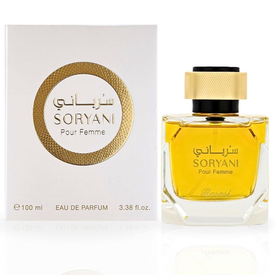 Rasasi Soryani Pour Femme EDP spray 100ML bottle with floral, citrusy, musky feminine scent, long-lasting and refreshing.