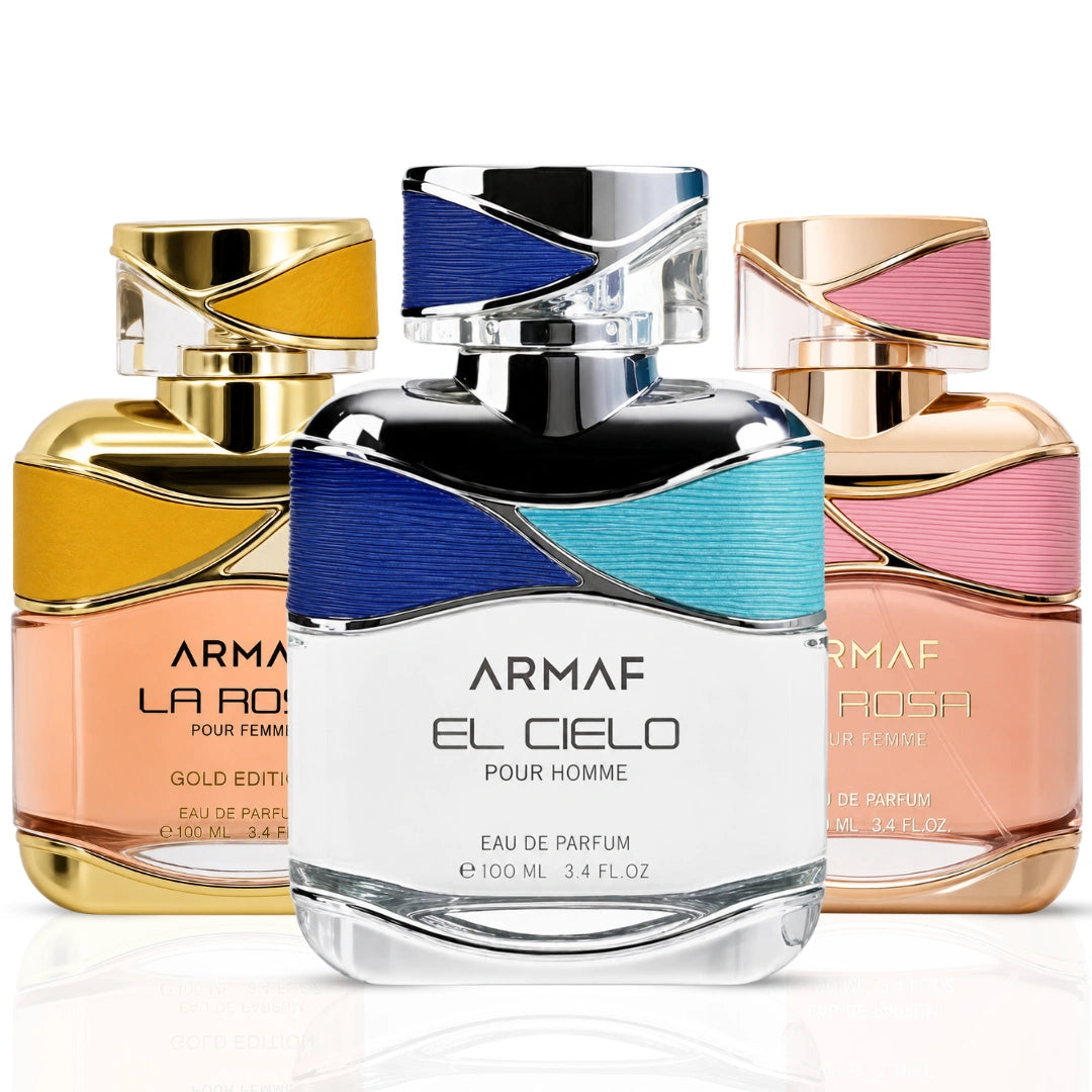 Armaf El Cielo La Rosa Pour Femme and La Rosa Gold Edition Eau de Parfum bundle bottles, 100ml each, with floral fragrance design.