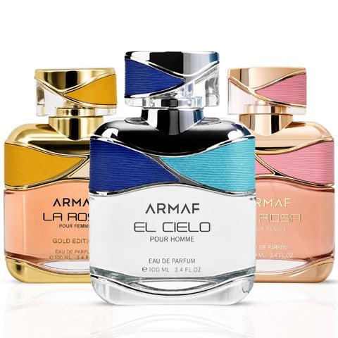Armaf El Cielo La Rosa Pour Femme and La Rosa Gold Edition Eau de Parfum bundle bottles, 100ml each, with floral fragrance design.