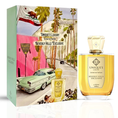 Beverly Hills Exclusive Extrait de Parfum 100ml by Unique'e Luxury, elegant perfume bottle with a luxurious cap and intricate design.
