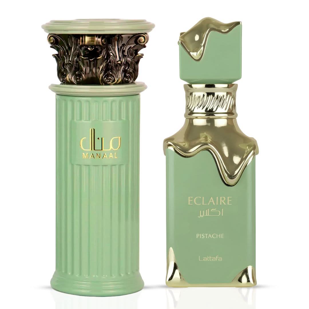Bundle of Manaal by Ard Al Zaafaran and Eclaire Pistache by Lattafa Eau de Parfum sprays in 100ml bottles, displayed together.