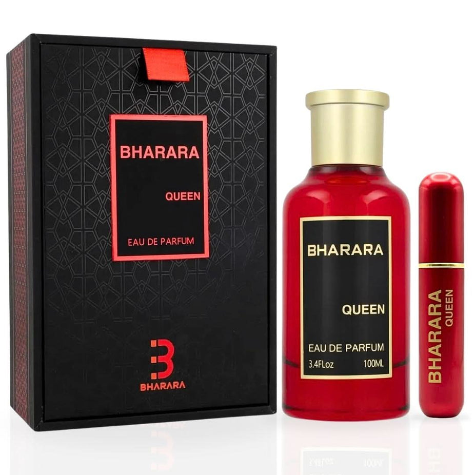 Bharara Queen Eau de Parfum Spray 100ml bottle with elegant floral design, showcasing the BHARARA brand and fragrance details.