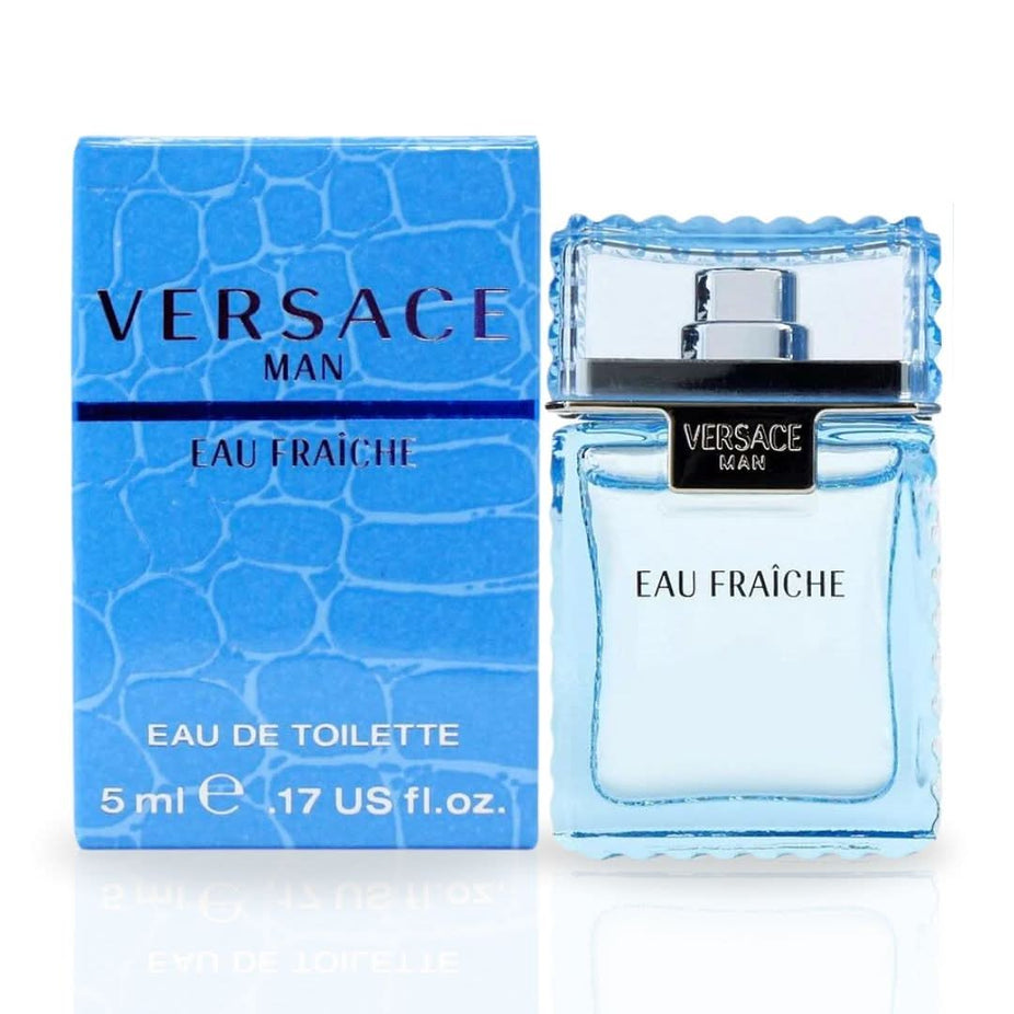Versace Man Eau Fraiche cologne miniature, 5ml EDT bottle with sleek packaging and Versace branding visible.