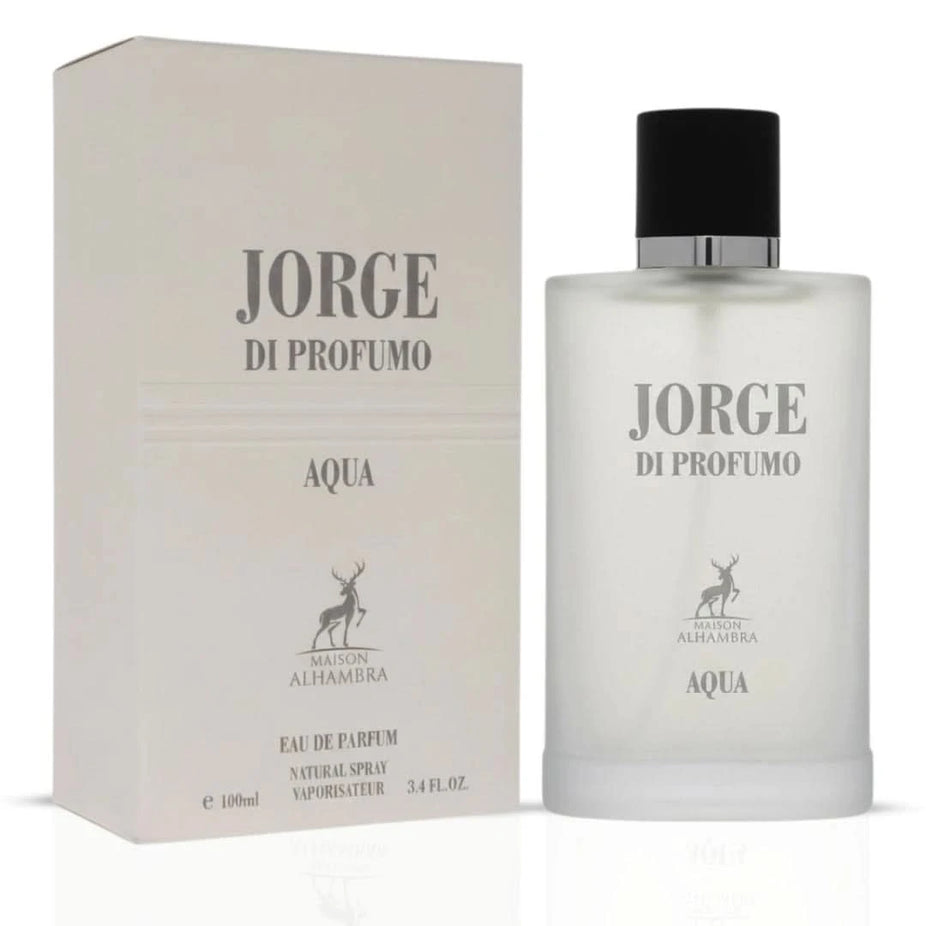 Maison Alhambra Jorge di Profumo Aqua Eau de Parfum spray bottle, 100ml, elegant packaging for women and men