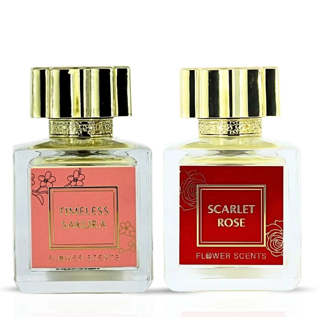 Flower Scents Timeless Sakura & Scarlet Rose Eau de Parfum bundle, 65ml sprays, featuring floral scent bottles with pink and red accents.