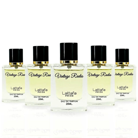 Set of five Vintage Radio Eau de Parfum Spray bottles by Lattafa Pride, 20ml each, featuring vintage-inspired packaging.