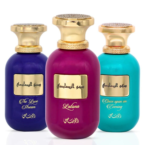 Somow Al Rasasi The Love Stream, Latona & Once Upon an Evening Eau de Parfum Sprays 100ml (3.4 oz) by Rasasi | A Symphony of Radiance, Warmth & Timeless Elegance (Bundle) - Intense Oud