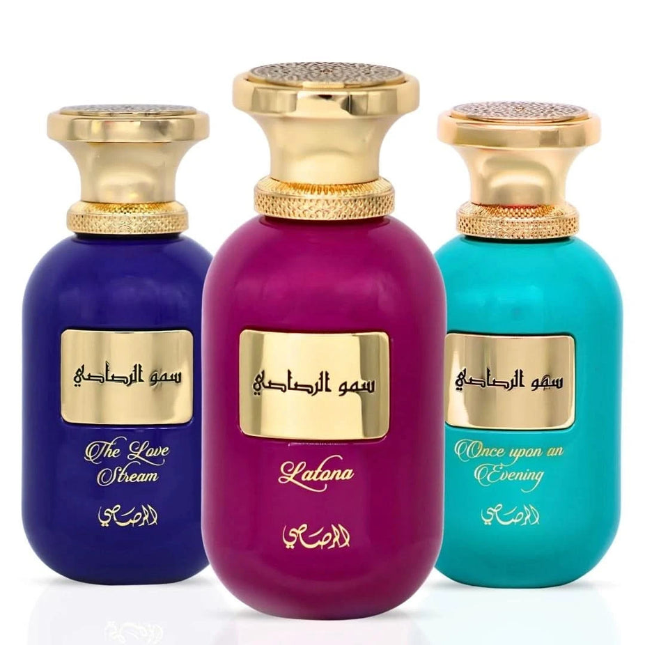 Rasasi Somow Al Rasasi The Love Stream, Latona & Once Upon an Evening Eau de Parfum bundle, 100ml bottles, elegant packaging
