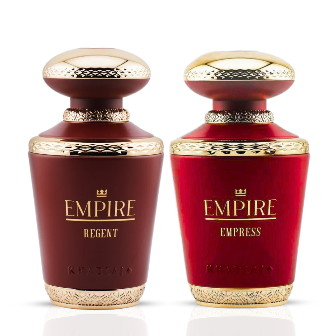 Khadlaj Empire Empress and Regent Eau de Parfum spray set, 100ml bottles, elegant packaging and fragrance display.