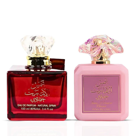 Bundle of Ard Al Zaafaran Shams Al Emarat Khususi and Pink Blush Eau de Parfum sprays, 100ml bottles with decorative packaging.