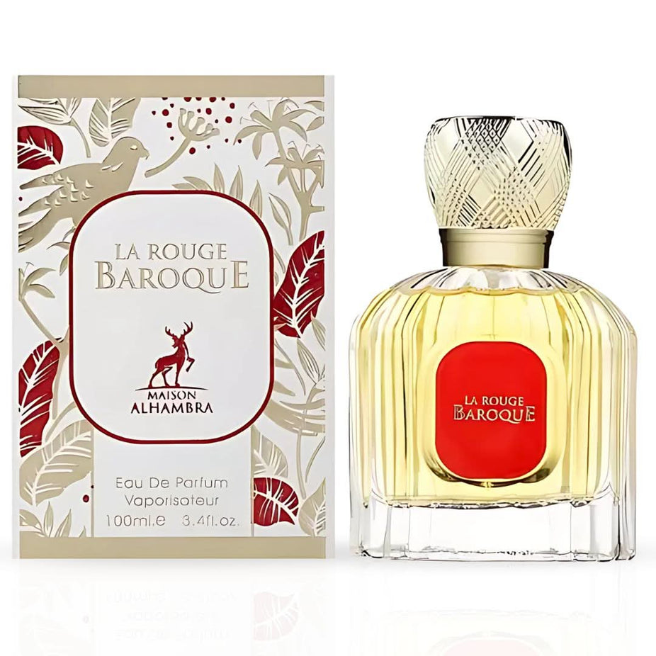 Maison Alhambra La Rouge Baroque Eau de Parfum spray bottle, 100ml, with elegant packaging and fragrance details.