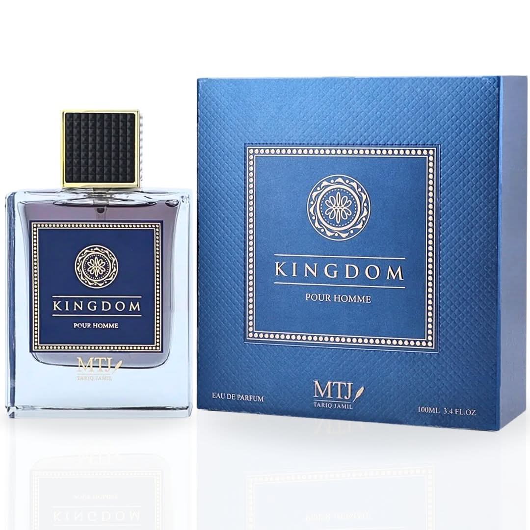 MTJ Kingdom Pour Homme EDP spray 100ML with citrusy, woody, luxurious masculine scent, showcasing the perfume bottle.