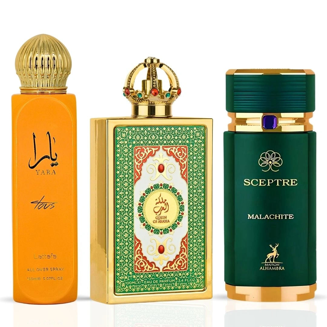 Yara Tous All Over Spray 150ml by Lattafa, Queen of Arabia by Lattafa Pride & Sceptre Malachite by Maison Alhambra - Eau de Parfum Sprays 100ml (3.4 oz) | Island Vibes & Desert Glow (Bundle) - Intense Oud