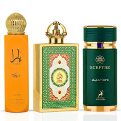 Yara Tous All Over Spray 150ml by Lattafa, Queen of Arabia by Lattafa Pride & Sceptre Malachite by Maison Alhambra - Eau de Parfum Sprays 100ml (3.4 oz) | Island Vibes & Desert Glow (Bundle) - Intense Oud