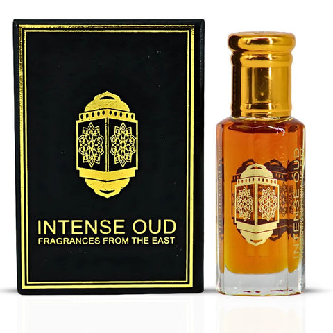Loose oil perfume bottle labeled Nouf Perfume Oil by Intense Oud with black gift box, 12ml size, elegant packaging.