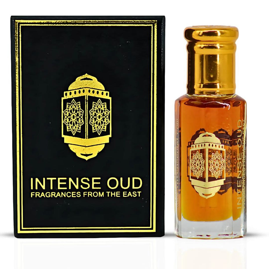 Intense Oud Nouf Perfume Oil in a 12ml bottle with a black gift box, showcasing the elegant loose perfume oil packaging.