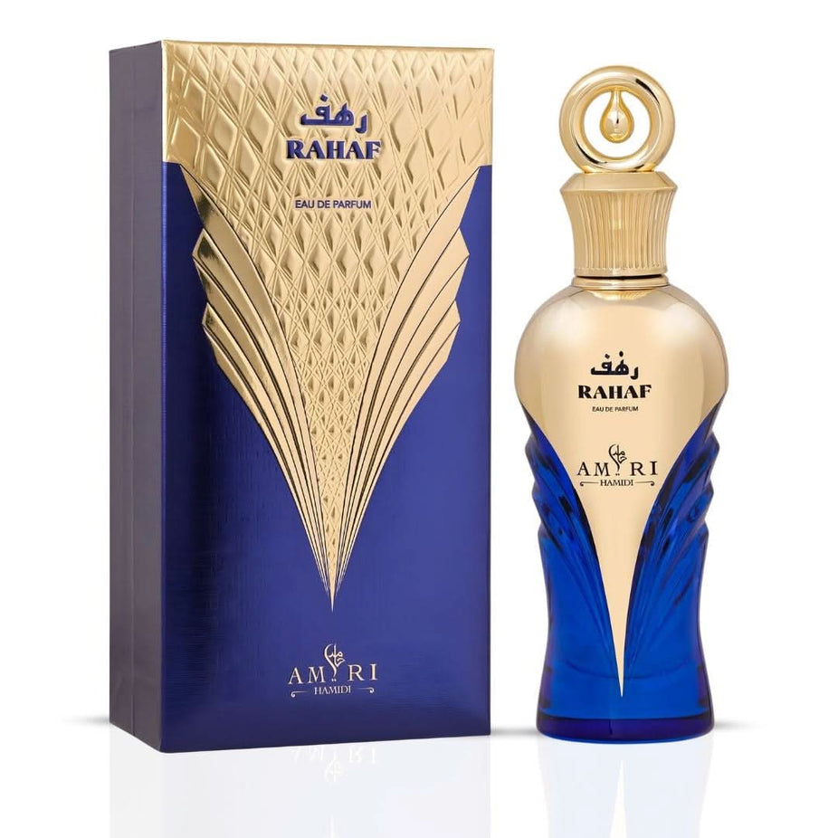 Amiri Rahaf Eau de Parfum spray bottle by Hamidi, 100ml, with elegant packaging and fragrance details visible in the image.