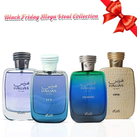 Rasasi Hawas, Hawas Ice, Viper, Atlantis Eau de Parfum spray bundle in 100ml bottles, featuring sleek glass bottles with spray nozzles.