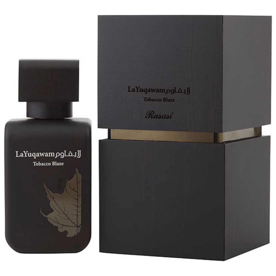 Rasasi La Yuqawam Tobaco Blaze Eau de Parfum spray bottle, 75ml, with elegant packaging and branding details.