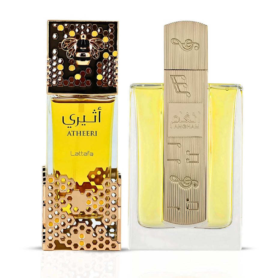 Lattafa Atheeri & Angham Eau de Parfum sprays bundle, 100ml each, featuring elegant bottles and floral fragrance designs.