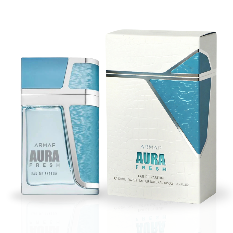 Aura Fresh Eau de Parfum spray by Armaf in a 100ml bottle, featuring a sleek design and floral scent.