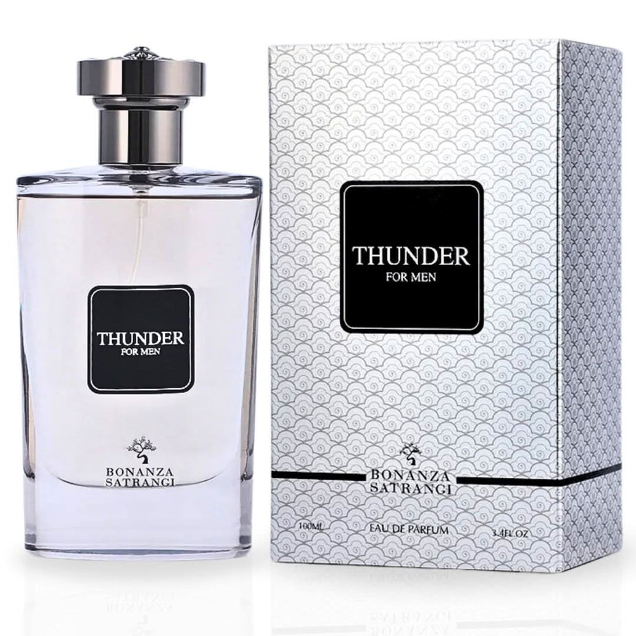 Bonanza Satrangi Thunder For Men EDP Spray 100ML bottle with sleek design, highlighting fresh, spicy, warm fragrance notes.
