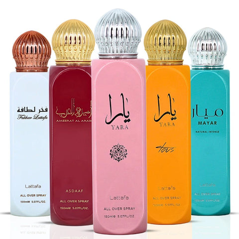 Yara, Yara Tous, Ameerat Al Arab, Mayar Natural Intense & Fakhar Women All-Over Sprays 150ml (5.07 oz) by Lattafa | Five Scents, Endless Moods — The Perfect Mist for Every Moment (Bundle) - Intense Oud