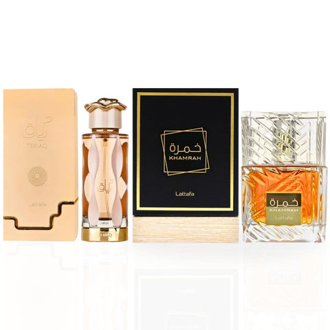 Lattafa Khamrah & Teriaq Eau de Parfum sprays in a 100ml bundle, featuring sleek bottles with elegant caps and vibrant labels.