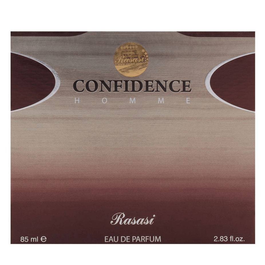 Rasasi Confidence for Men Eau De Parfum bottle, 85ml with sleek design and clear cap, displayed on a neutral background.