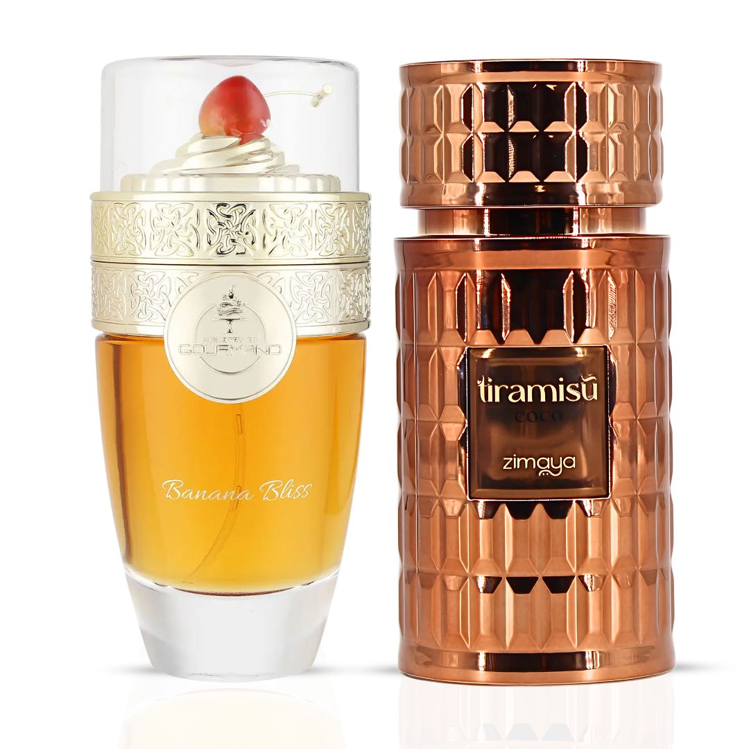 Bundle of 100ml Paris Corner Banana Bliss and Zimaya Tiramisu Coco Eau de Parfum sprays with elegant packaging and spray nozzles.