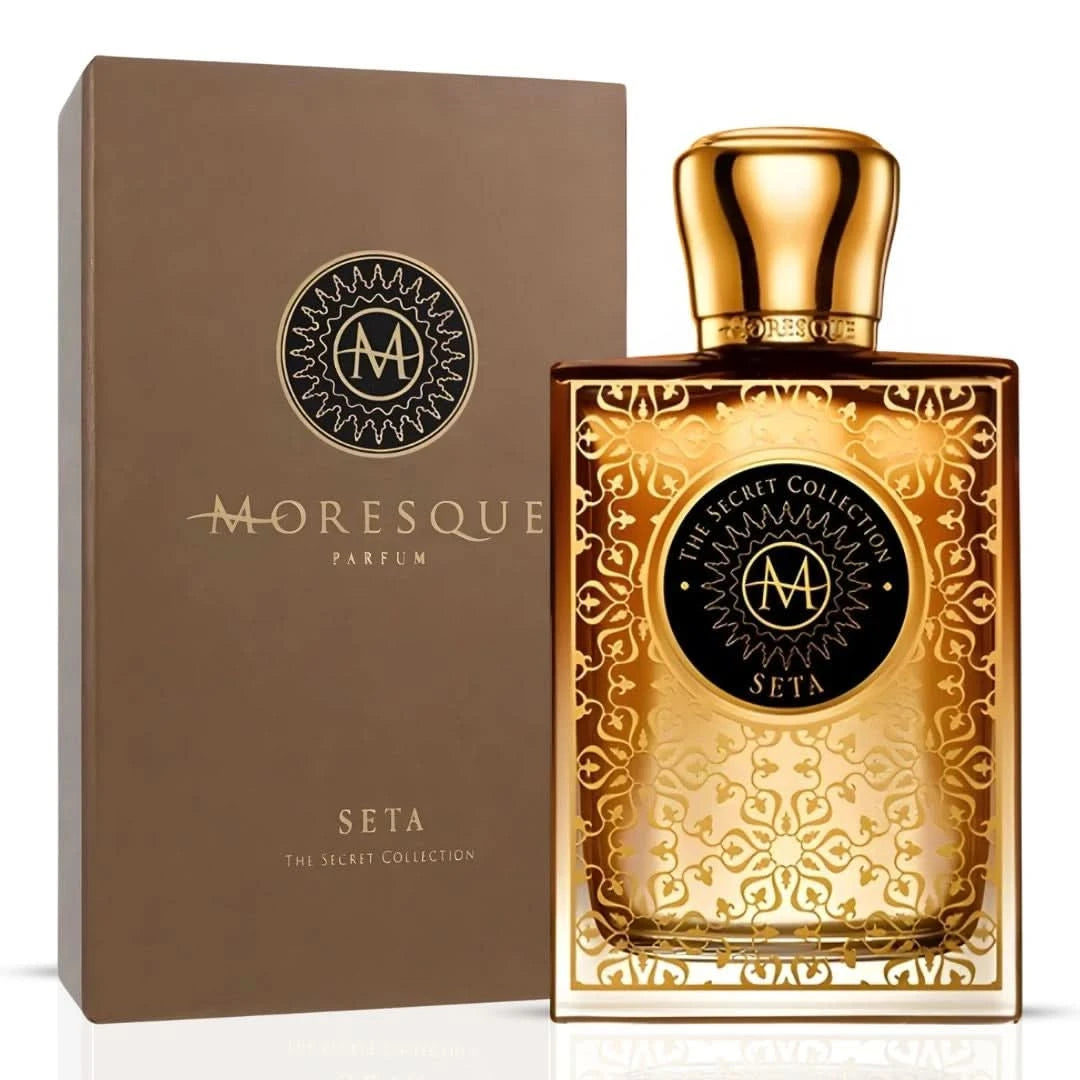 Moresque Seta Parfum Eau de Parfum spray bottle, 75ml, featuring elegant packaging and a sleek design.