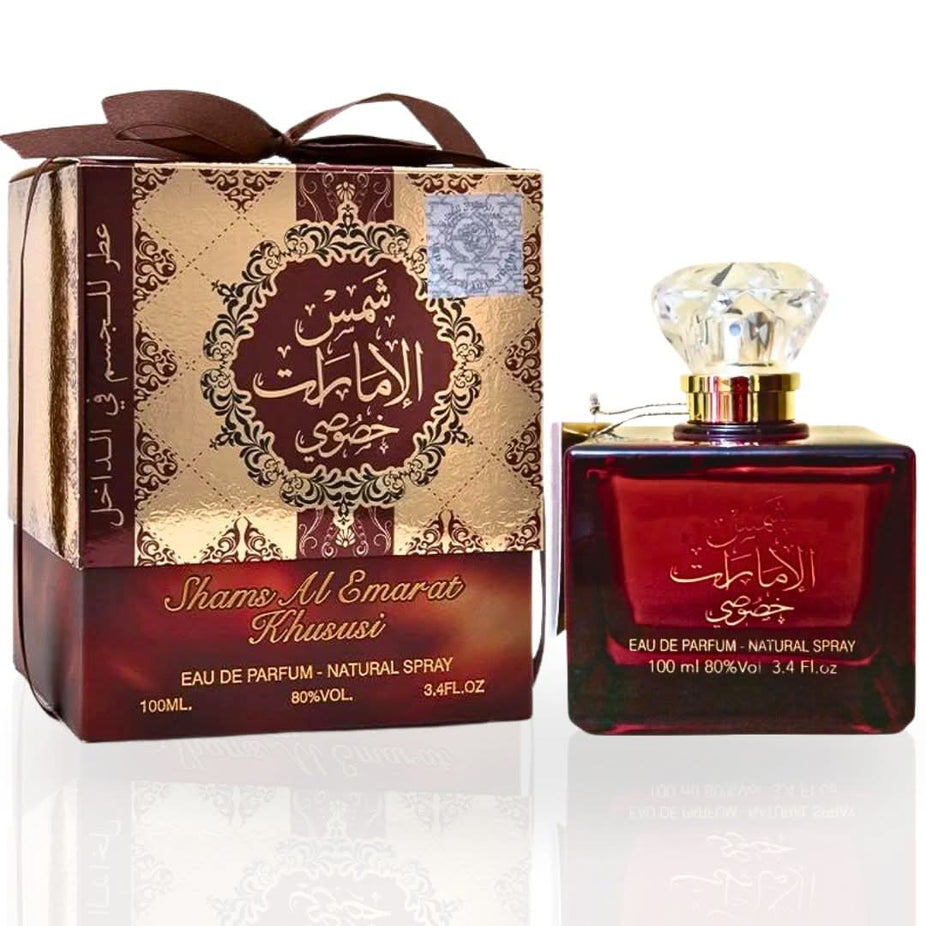 Shams Al Emarat Khususi Eau de Parfum spray by Ard Al Zaafaran, 100ml, featuring a sleek bottle with elegant design.