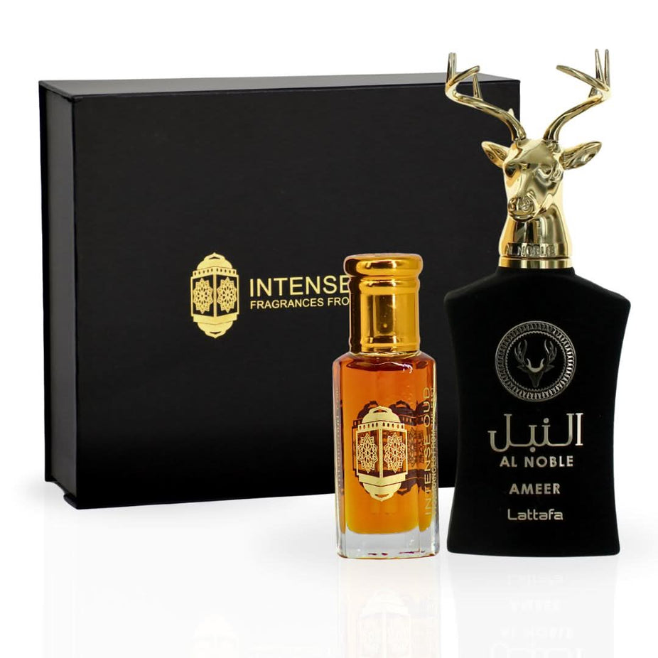 Intense Oud Al Noble Ameer Eau de Parfum 100ml gift set with Lattafa perfume oil 12ml in a stylish magnetic box.