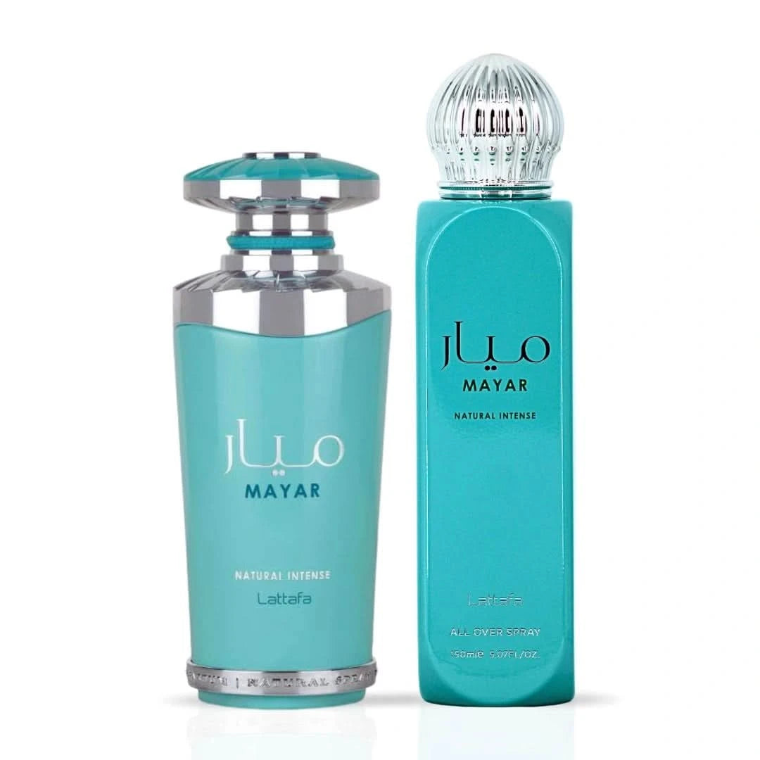 Lattafa Mayar Natural Intense Eau de Parfum spray 100ml and all-over spray 150ml bundle, featuring elegant packaging and design.