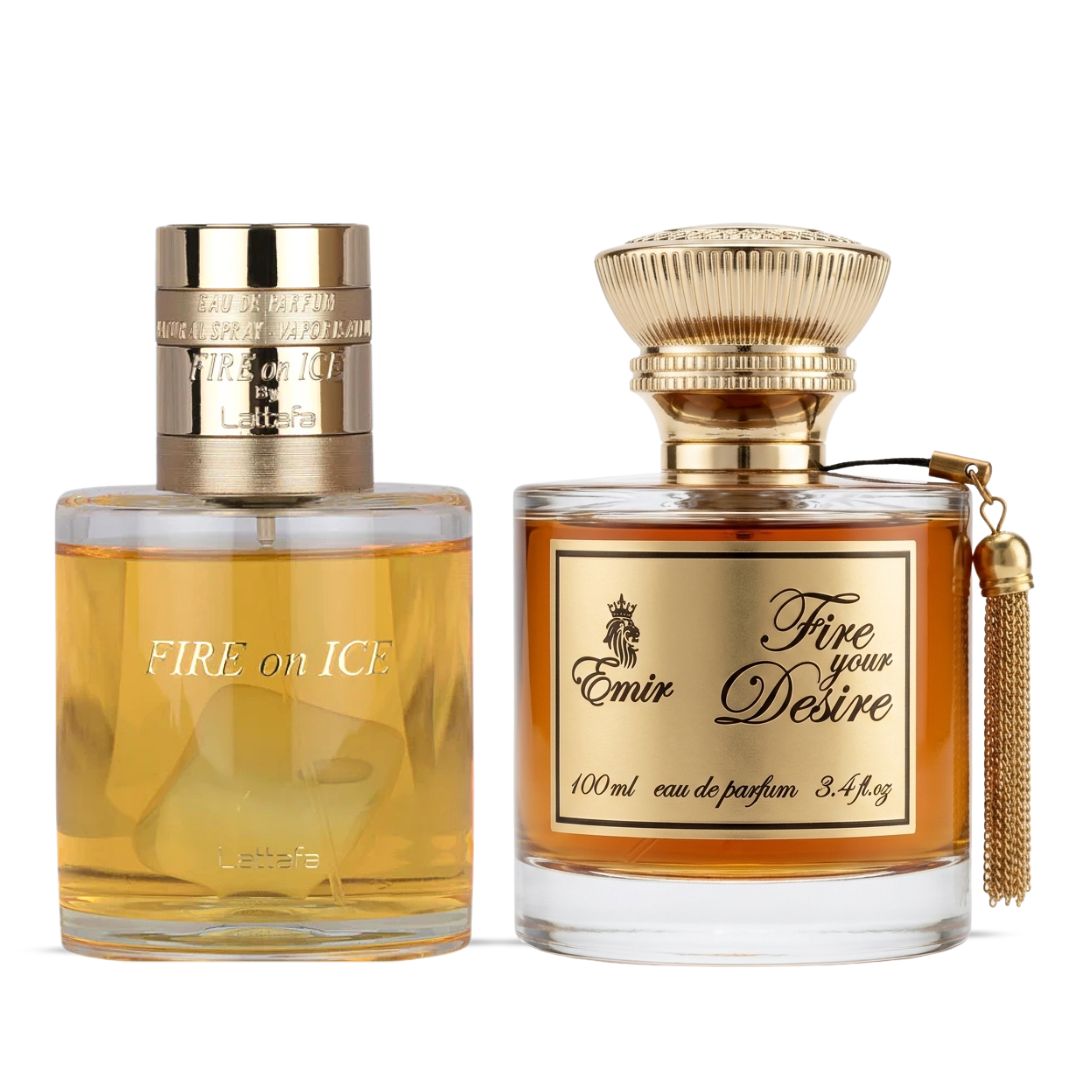 Bundle of Lattafa Fire On Ice 110ml and Paris Corner Fire Your Desire Emir Eau de Parfum sprays, featuring sleek bottles.