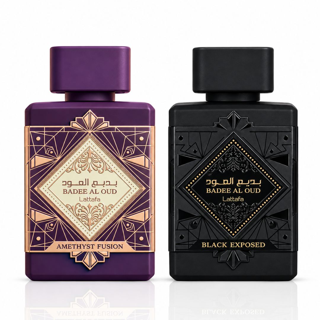 Bade'e Al Oud Amethyst Fusion & Black Exposed Eau de Parfum Sprays 100ml (3.4 oz) by Lattafa (Bundle)