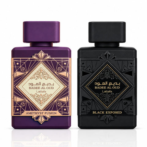 Bade'e Al Oud Amethyst Fusion & Black Exposed Eau de Parfum Sprays 100ml (3.4 oz) by Lattafa (Bundle)